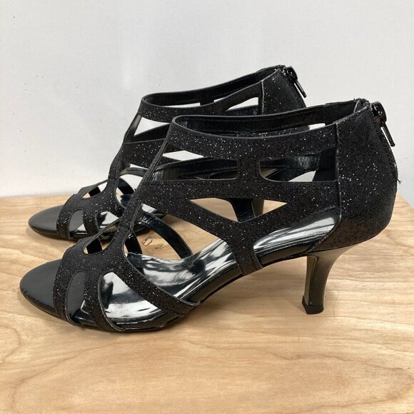 Easy Street Alive At 5 Flattery, Sz 8.5, Dress Dance Sandals Black Glitter Heels - Picture 3 of 9